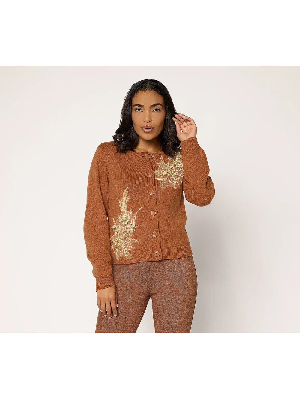 "'As Is" Dennis Basso Sweater with Seguin and Faux Pearl Embel Copper, Medium